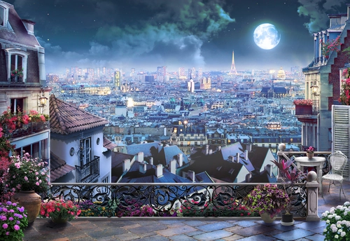 балкон, ночной город, высота, небо, луна, дома, цветы, синие